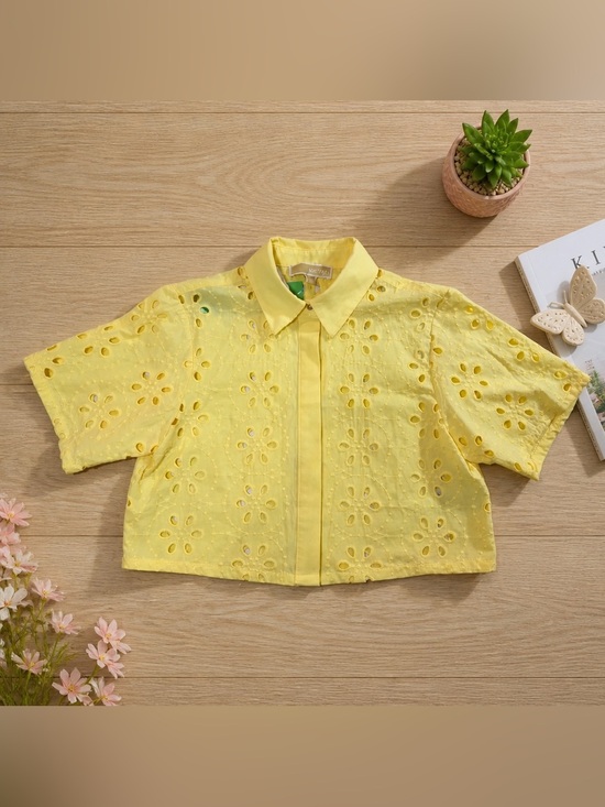Michael Kors Tops - Michael Kors Pale Yellow Eyelet Cropped Button Front Jacket